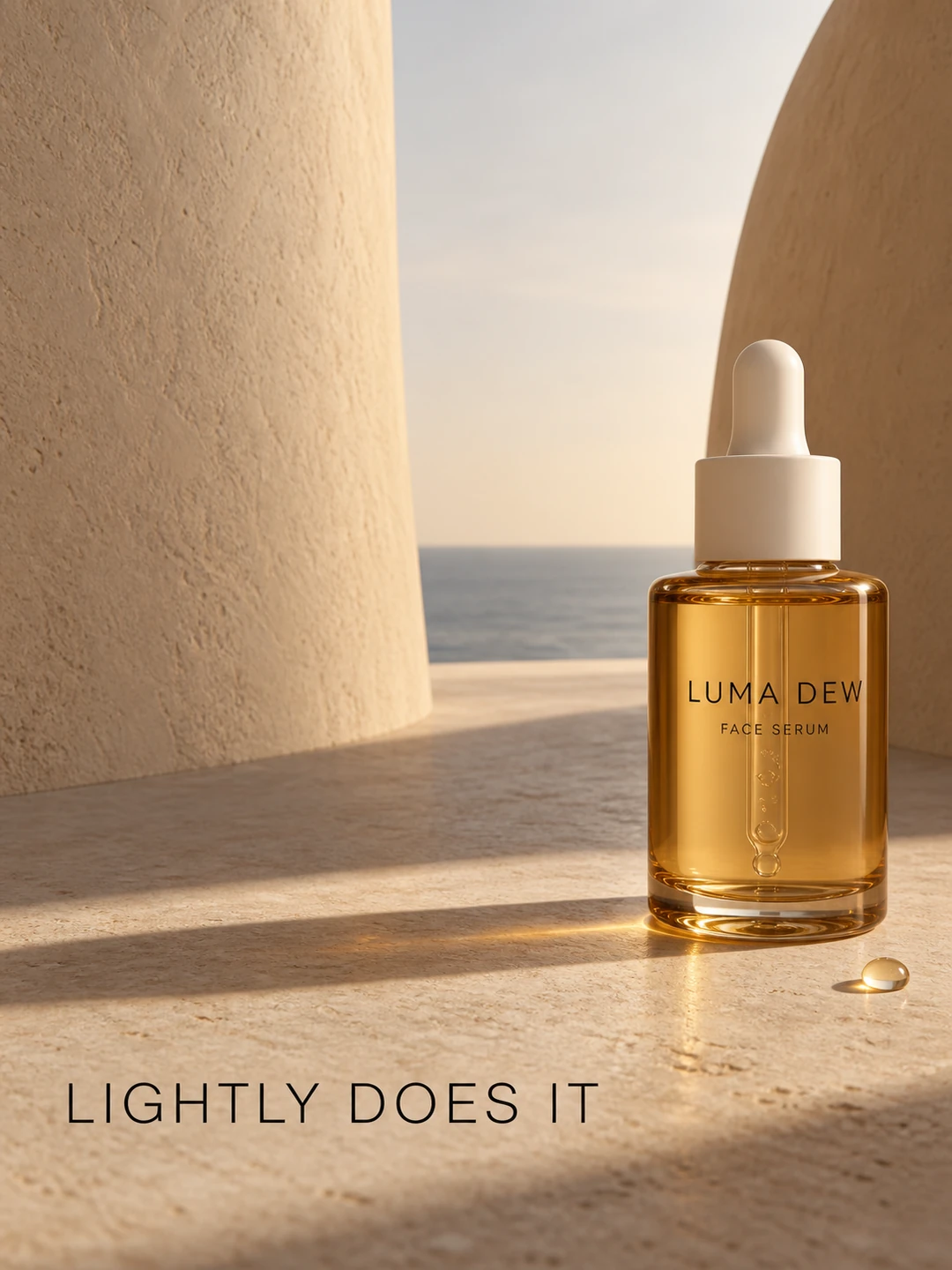 A clear amber serum bottle with a short ivory dropper. Background: Two broad curved sand-colored plaster walls framing a thin horizon. Perspective: Low eye-level macro view. Lighting: Single…