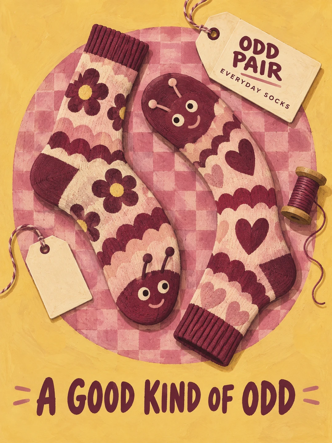 A pair of patterned socks arranged like two playful curling caterpillars. Background: A warm butter-yellow gouache field with one checkered pink oval rug. Perspective: Overhead graphic…