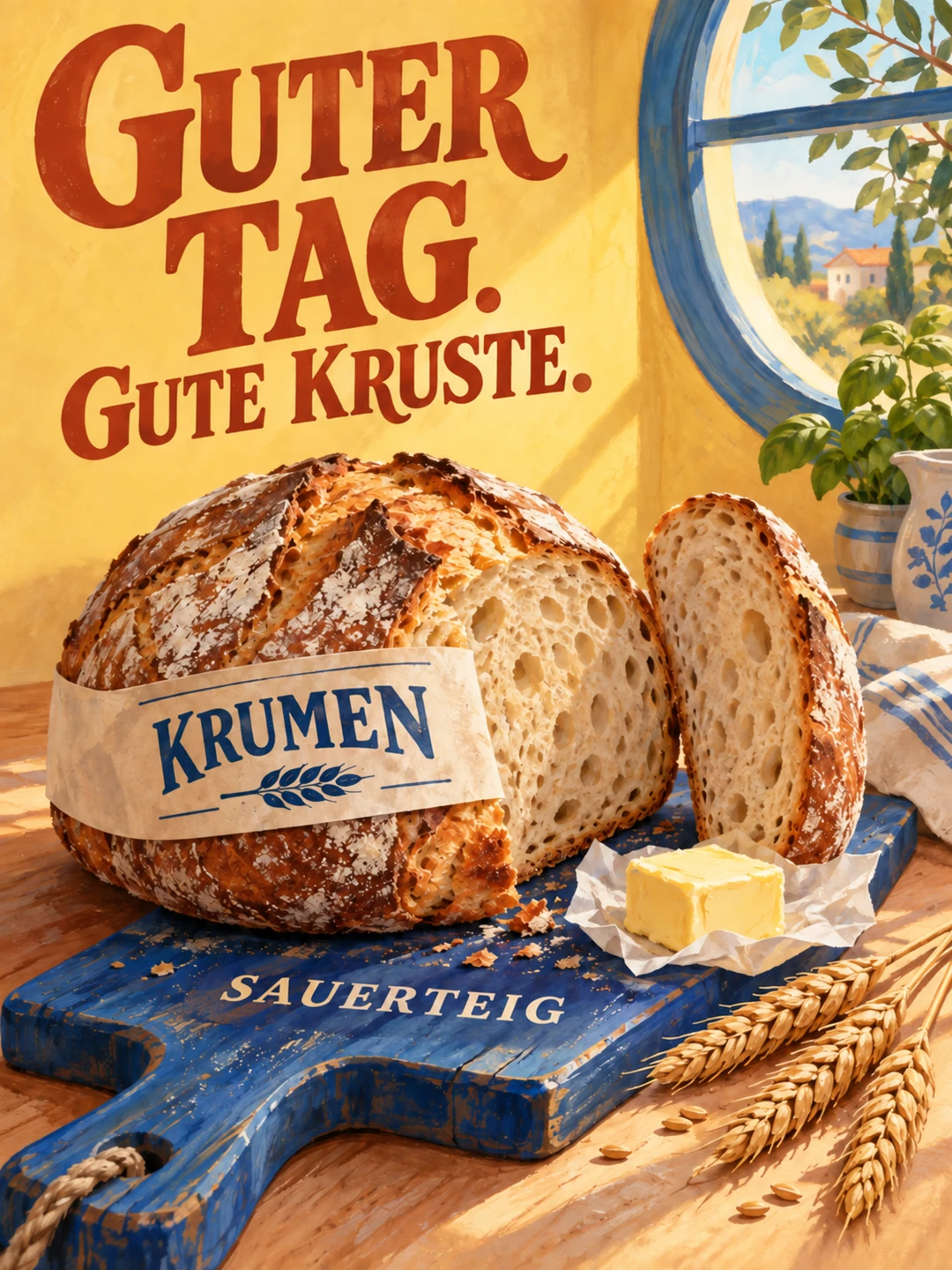 Ein aufgeschnittenes rundes Sauerteigbrot liegt auf einem langen blauen Holzbrett, das aus der linken unteren Ecke schräg zur Mitte führt. Eine einzelne Brotscheibe lehnt hochkant daneben. Im…