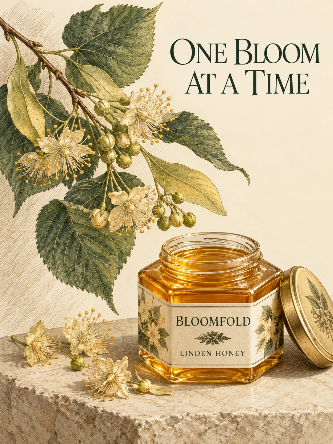 A low hexagonal honey jar with its lid set beside it sits bottom right on a plain stone slab. A large intricately engraved flowering linden branch rises diagonally across the left side; three…