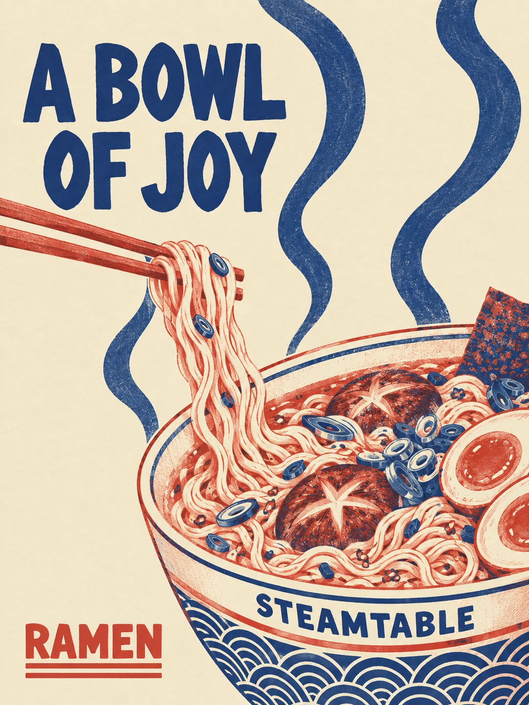 A large bowl is cropped at lower right, holding carefully drawn noodles, mushrooms and spring onion. One pair of chopsticks lifts a connected small noodle bundle toward the middle left. Three…