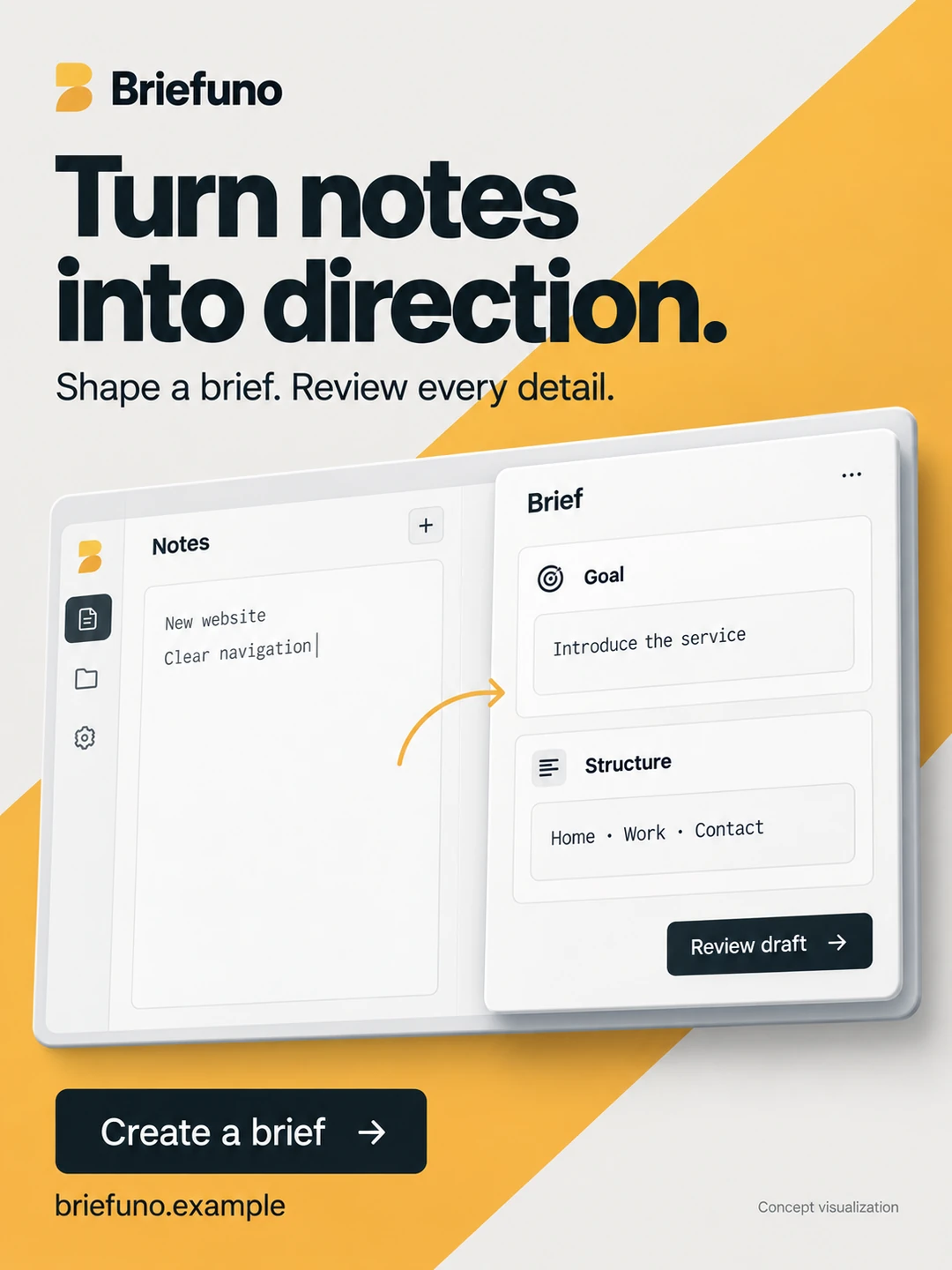 A sharp diagonal editorial layout on pale gray. The large black headline sits at the upper left, while a broad amber diagonal cuts through the background only. A single open document editor…