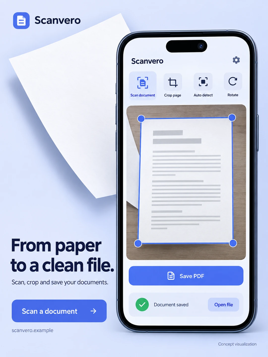 An almost frontal phone dominates the center right, with its illuminated screen covering 50 percent of the portrait image. Within it, a large document preview has four precise blue corner handles…